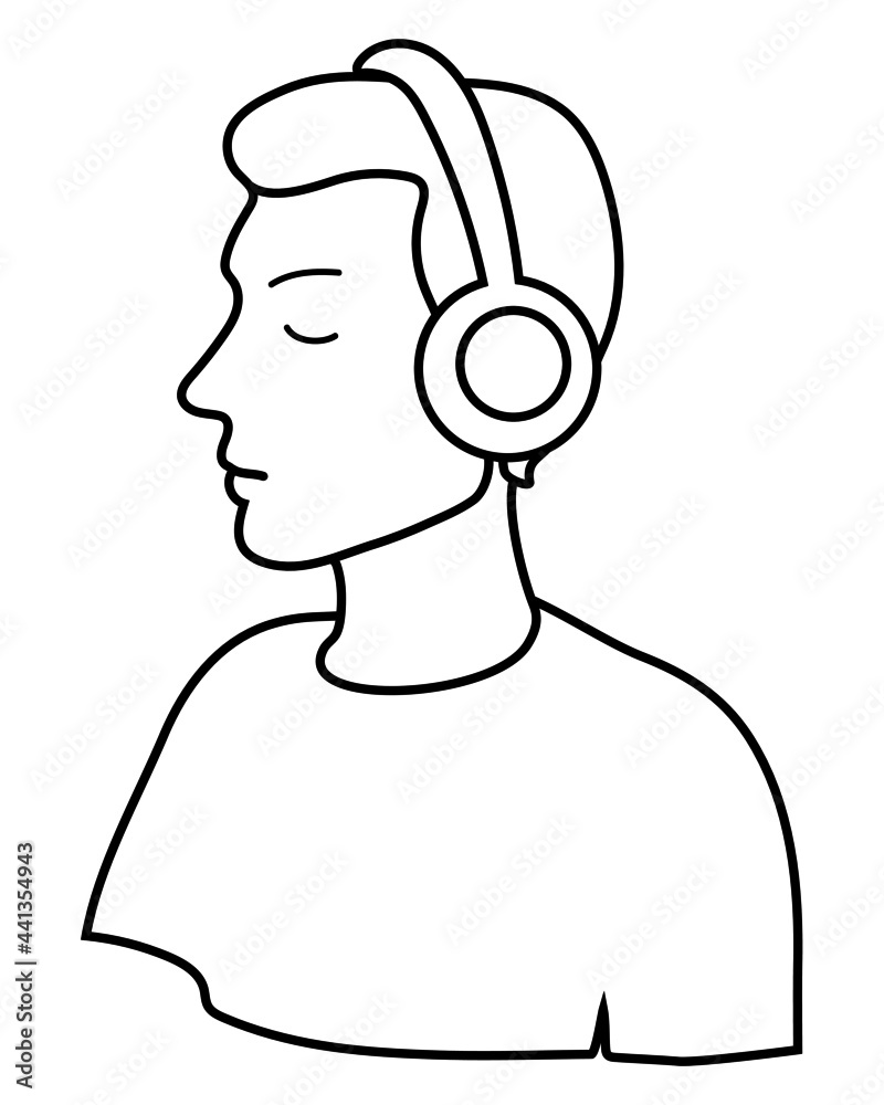 music lover. the guy with the headphones. isolated black-and-white contour drawing by hand. poster, avatar, coloring, template, print.