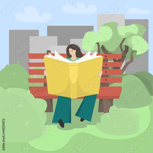 Girl reads a huge stylized book on a bench in the park. Doing what you love in nature. Abstract girl in flat illustration.