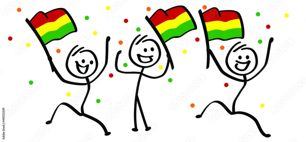 Red, yellow, green flag with confetti. Carnaval or Carnival. opular Event in the Netherlands. Flat vector celebrating party sign. Cartoon, happy stickman or stick figure man Red, yellow, green flag with confetti. Carnaval or Carnival. opular Event in the Netherlands. Flat vector celebrating party sign. Cartoon, happy stickman or stick figure man