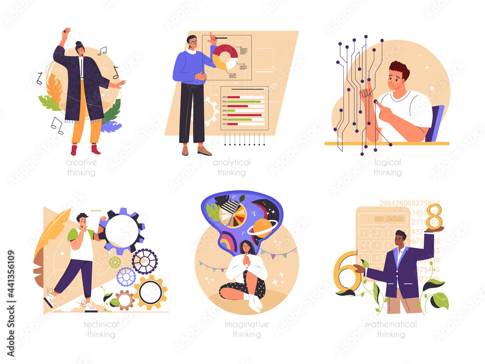 Set of people with different mental mindset types or models: creative, imaginative, logical and structural thinking. Mind behaviour, MBTI person types concept. Color isolated flat vector illustration