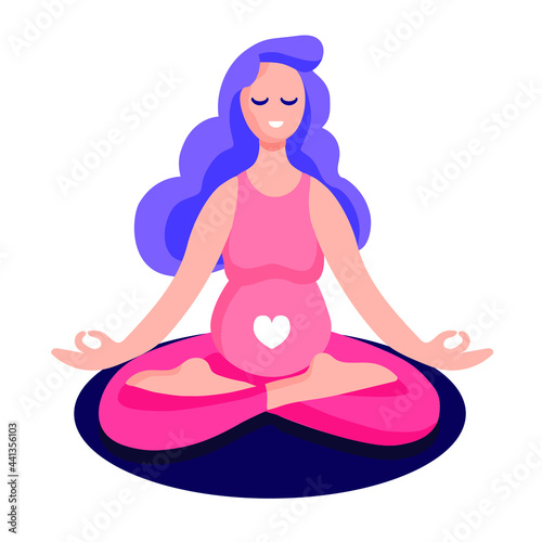 Young beautiful pregnant woman in pink clothes sitting in lotus pose isolated on white background. Pregnant Yoga. Vector illustration 