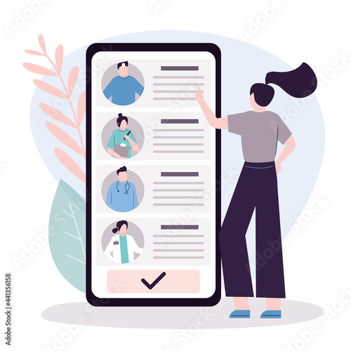 Female patient chooses doctor on phone screen. Online mobile app helps patient find therapist. Doctors team, medical staff portraits