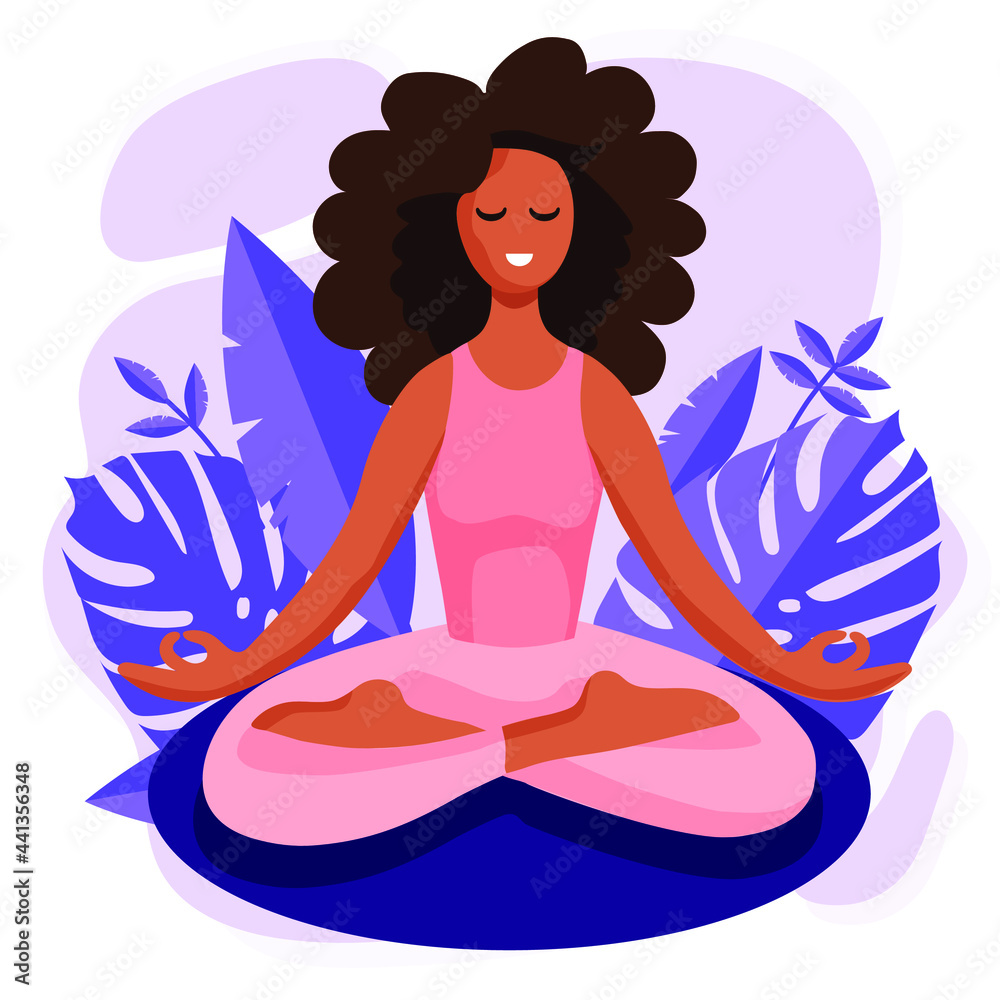 Young beautiful healthy african american black woman sitting in lotus with purple tropical monstera leaves on the background. Yoga concept vector illustration.