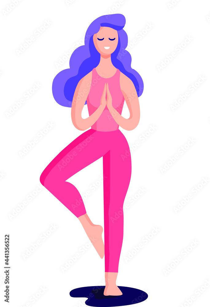 Woman standing in tree asana with namaste hands. Yoga vector flat illustration Woman standing in tree asana with namaste hands. Yoga vector flat illustration