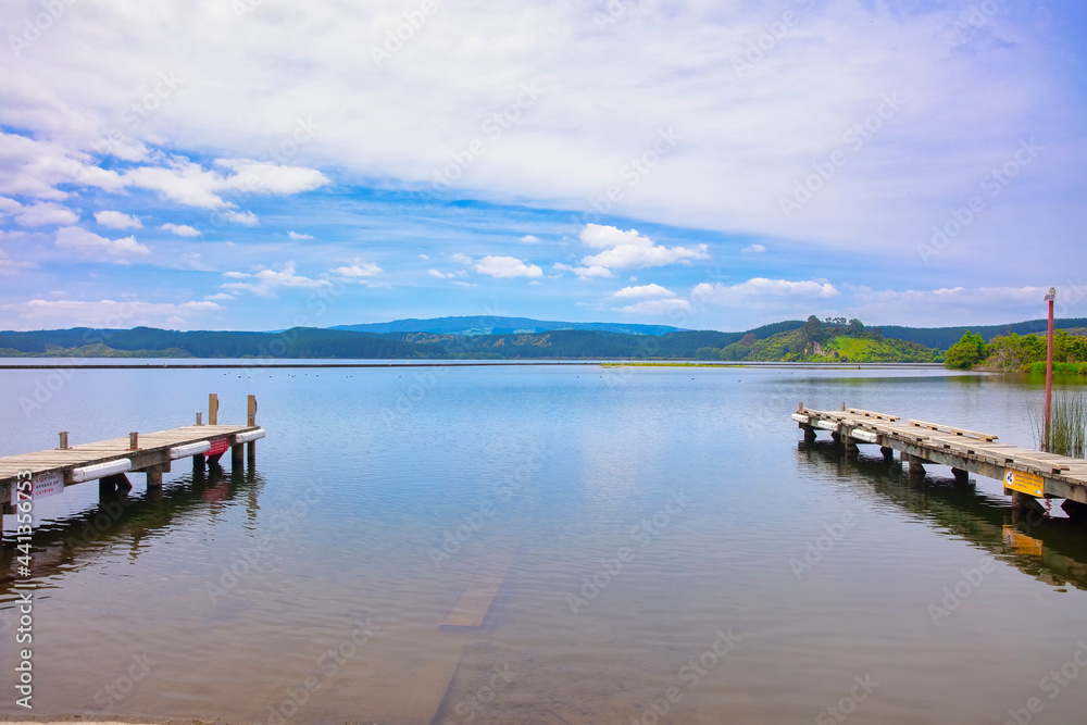 Twin wooden jetties in Lake Rotoiti, New zealand