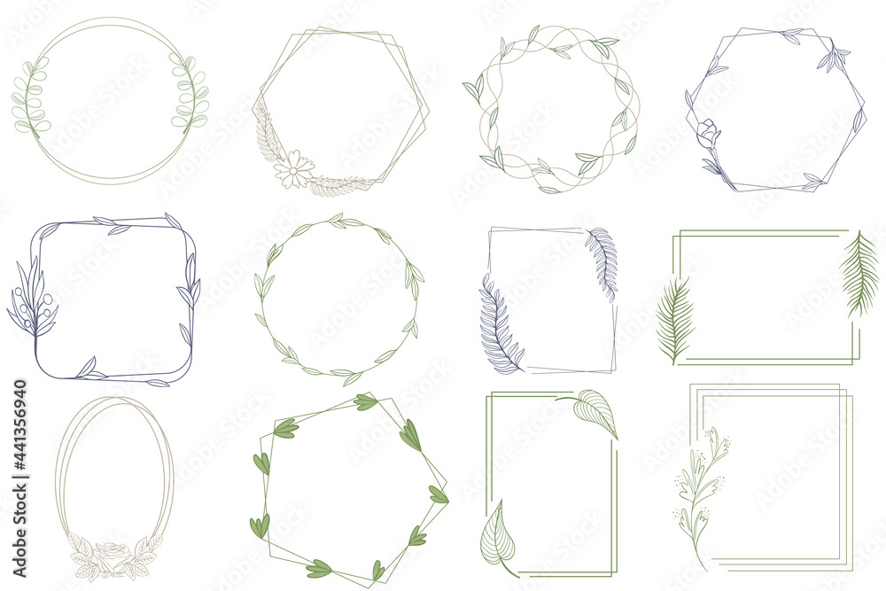 Set of frames, vector. Frame round, oval, rectangular and polygonal with flowers, sheets and leaves. Hand drawing, botanical sketch. Minimalist modern style, outlines for design.