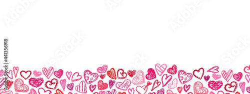 Valentine's day background. Chalk Doodles Hand drawn love symbols heart icons on white. Crayon style cute hearts, traditional romantic decorated elements. Pink hearts silhouette. Greeting, wedding car