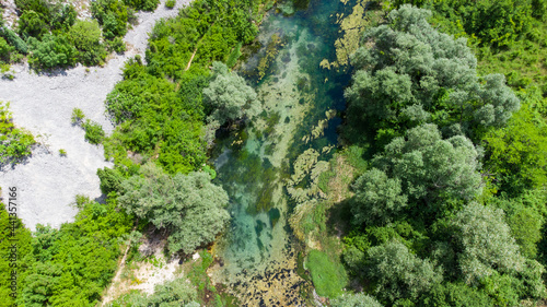 Aerial drone view of river in nature. Beautiful green river and forest in spring.	