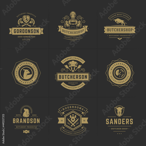 Butcher shop logos set vector illustration good for farm or restaurant badges with animals and meat silhouettes