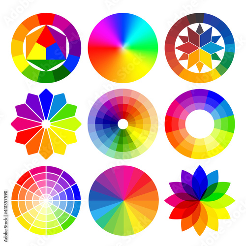Collection color wheel different shapes vector illustration. Set of multicolored circular palettes