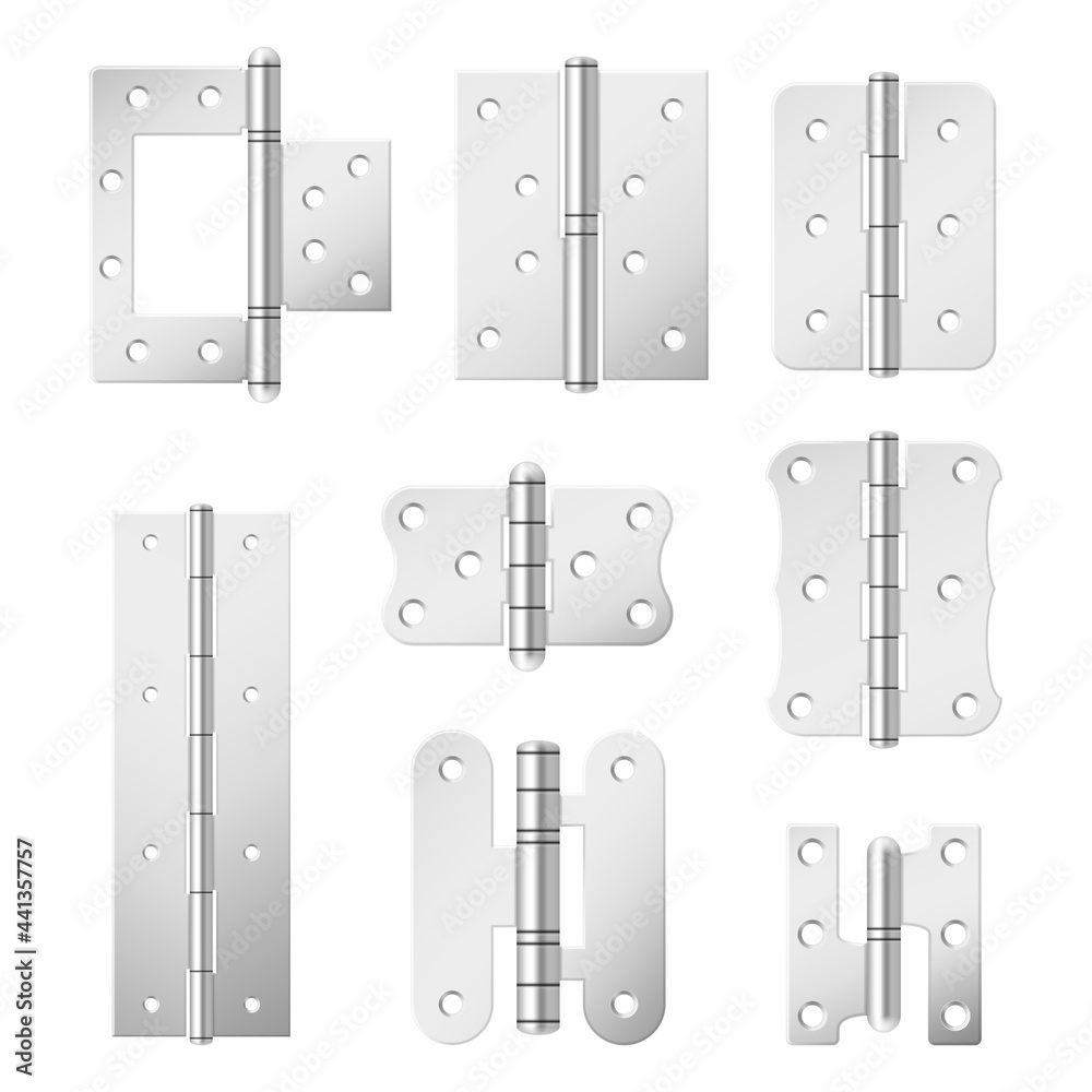 Collection section of steel door hinges vector illustration various metallic mortise equipment - obrazy, fototapety, plakaty 