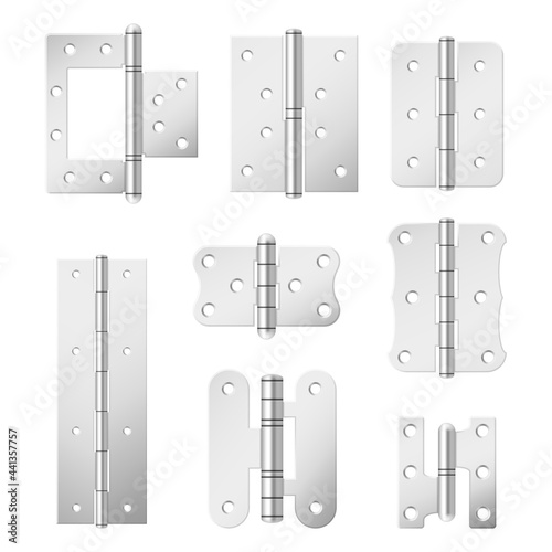 Collection section of steel door hinges vector illustration various metallic mortise equipment photo