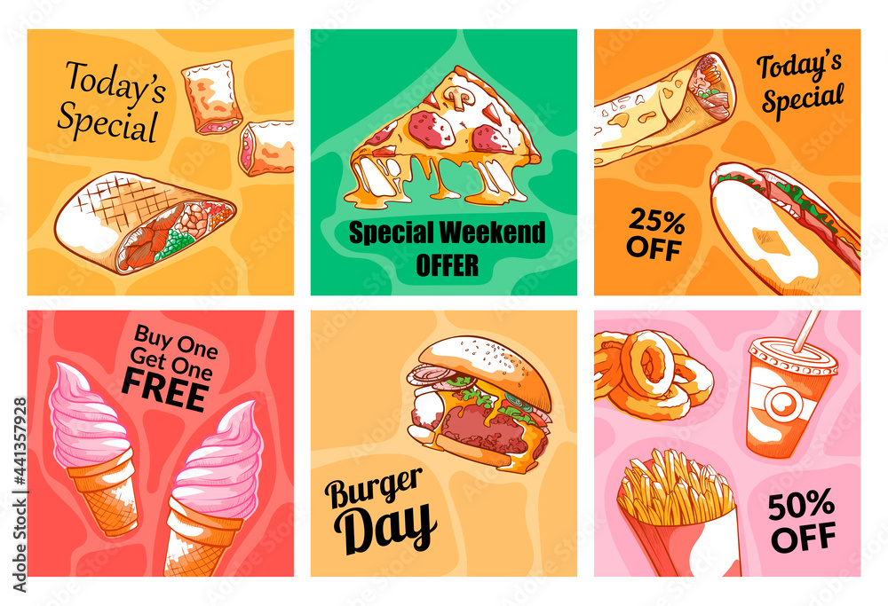 Collection of colored fast food banner with advertising vector illustration lunch menu posters