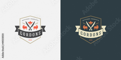 Butcher shop logo vector illustration lamb with knifes silhouette good for farm or restaurant badge
