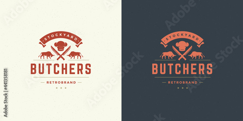 Steak house logo vector illustration bulls with knifes silhouette good for farm or restaurant badge