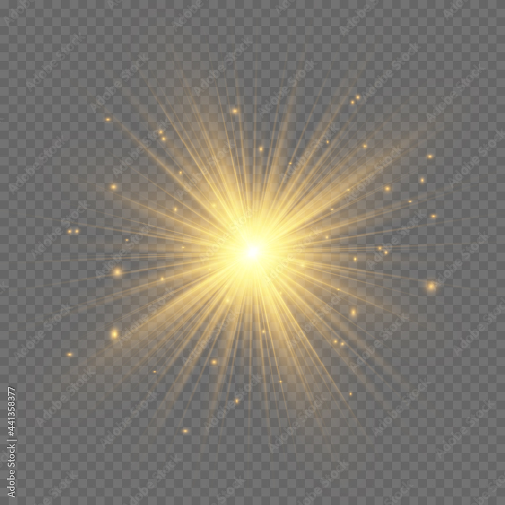 The dust sparks and golden stars shine with special light. Vector sparkles on a transparent background. Christmas light effect. - obrazy, fototapety, plakaty 