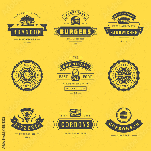 Fast food logos set vector illustration good for pizzeria, burger shop and restaurant menu