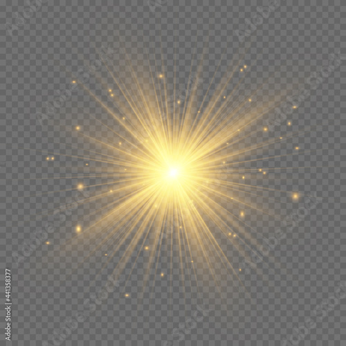 The dust sparks and golden stars shine with special light. Vector sparkles on a transparent background. Christmas light effect.