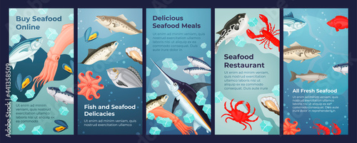 Collection of seafood fresh fish restaurant banners vector flat illustration fishery product market