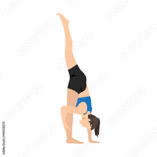 Woman doing yoga pose standing splits and asana exercise. Flat vector illustration isolated on white background