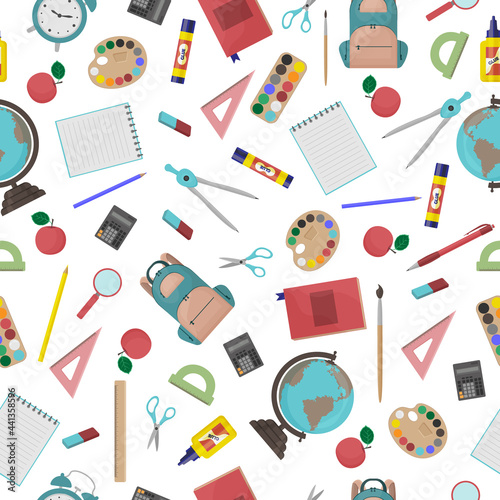 School seamless pattern consisting of school stationery such as a backpack, notebook, globe, compass, calculator, eraser and also paints, glue, ruler, eraser and alarm clock.Vector illustration