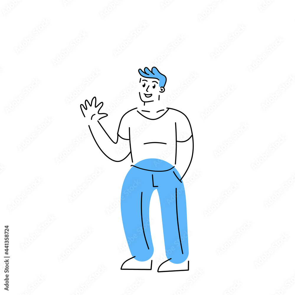 Man is standing. Gesture of greeting. Hi and hello. Hand in pocket. Modern trendy geometric character. Outline cartoon illustration
