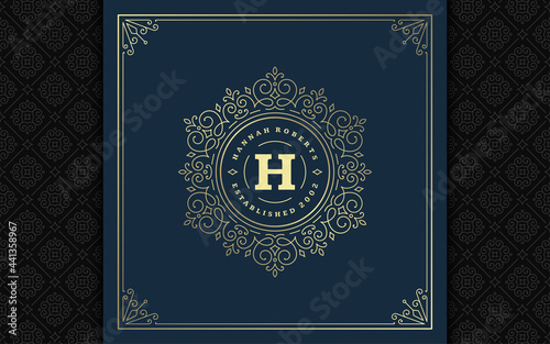 Vintage monogram logo elegant flourishes line art graceful ornaments victorian style vector template design