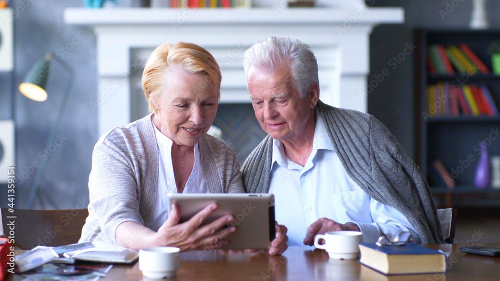 Senior couple websurfing on internet with digital tablet. 