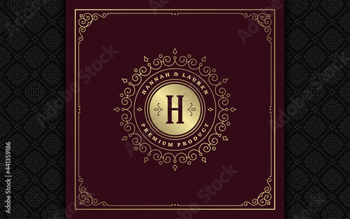 Vintage monogram logo elegant flourishes line art graceful ornaments victorian style vector template design