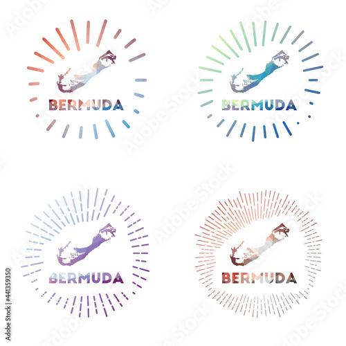 Bermuda low poly sunburst set. Logo of island in geometric polygonal style. Vector illustration.