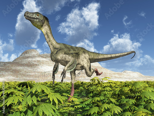 Dinosaurier Ornitholestes in einer Landschaft