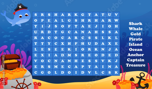 Marine life, undersea animal, children riddle in cartoon style, word search game with cute pirate character and treasure