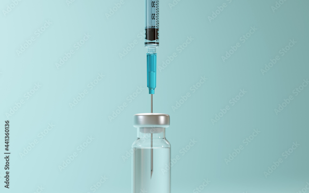 Closeup of vaccine flask and syringe. Shallow depth of field. 3D render. 3D illustration. Closeup of vaccine flask and syringe. Shallow depth of field. 3D render. 3D illustration.