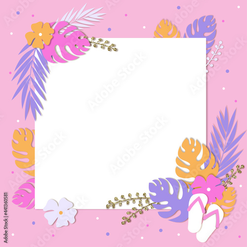 Design frame for your text with tropical exotic leaves and flowers.Paper cut style, vector.