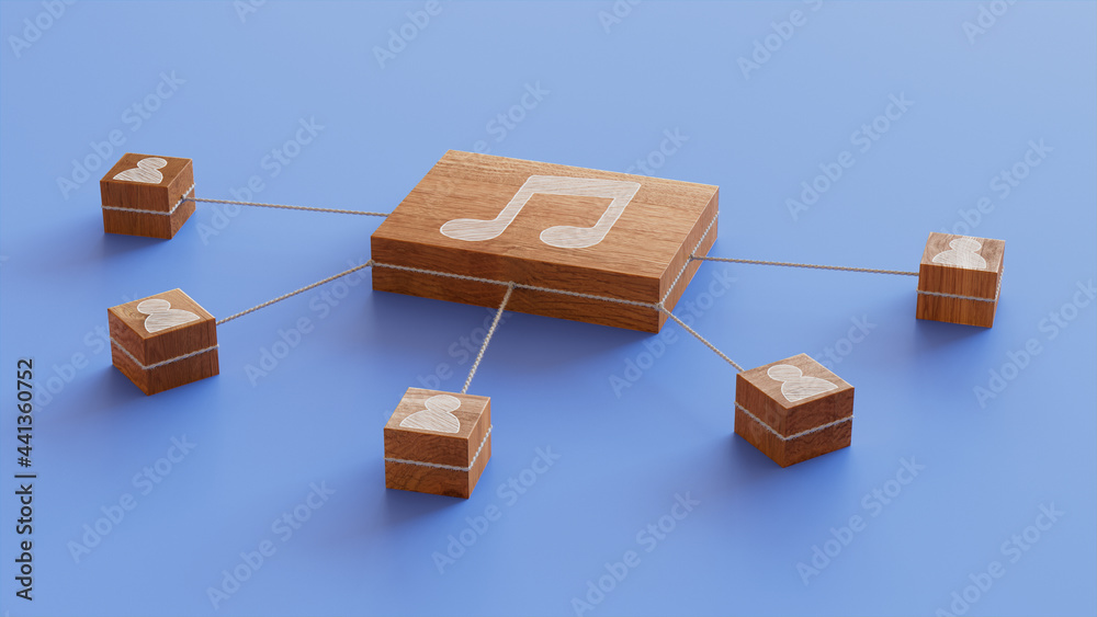 Audio Technology Concept with music Symbol on a Wooden Block. User Network Connections are Represented with White string. Blue background. 3D Render. Audio Technology Concept with music Symbol on a Wooden Block. User Network Connections are Represented with White string. Blue background. 3D Render.