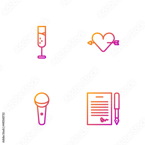 Set line Marriage contract, Microphone, Glass of champagne and Amour with heart and arrow. Gradient color icons. Vector