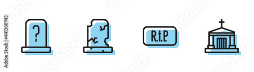 Set line Speech bubble rip death, Grave with tombstone, Old grave and crypt icon. Vector