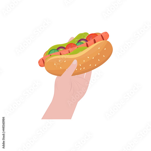 hot dog in hand. grilled sausage , vegetables embedded in a wheat bun. Fast food, affordable snacks. national hot dog day design template. vector illustration, flat photo