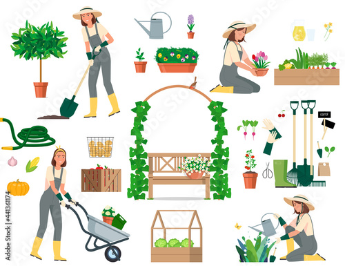 Set of isolated objects girl gardener.