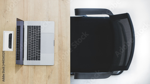 Photos Contemporary working desk, top view.