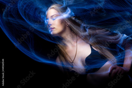 lightpainting portrait, new art direction, long exposure photo without photoshop, light drawing at long exposure 