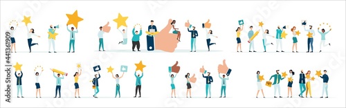 Customer feedback, testimonial, online survey concept. Group of people rating customer experience, writing review, leaving feedback. Client, user satisfaction. Set Isolated flat vector illustration.