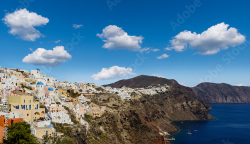 View of the village of Oia (La) and Finikia on the Greek island of Santorini in the Cyclades archipelago