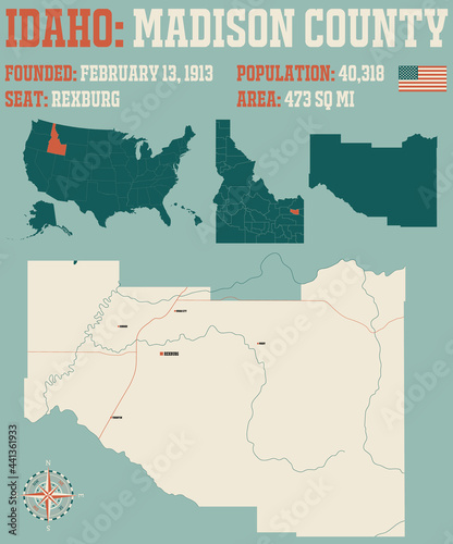 Large and detailed map of Madison county in Idaho, USA.