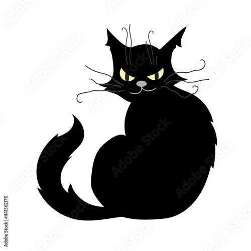 A black cat with an evil look. Vector element for the design of packaging, postcards, posters for Halloween. Clipart on a white background.