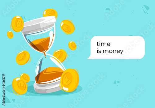Vector illustration of an hourglass with gold coins, flat design, time is money