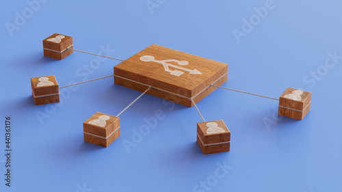 Interface Technology Concept with usb Symbol on a Wooden Block. User Network Connections are Represented with White string. Blue background. 3D Render. photo