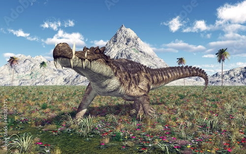 Prähistorisches Krokodil Kaprosuchus in einer Landschaft © Michael Rosskothen
