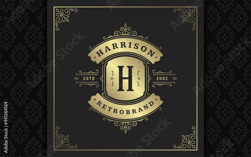 Vintage logo elegant flourishes line art graceful ornaments victorian style vector template design