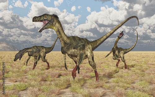 Fototapeta Naklejka Na Ścianę i Meble -  Dinosaurier Ornitholestes in einer Landschaft